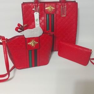 Queen Bee Stripe embossed monogram 3 in 1 handbag set